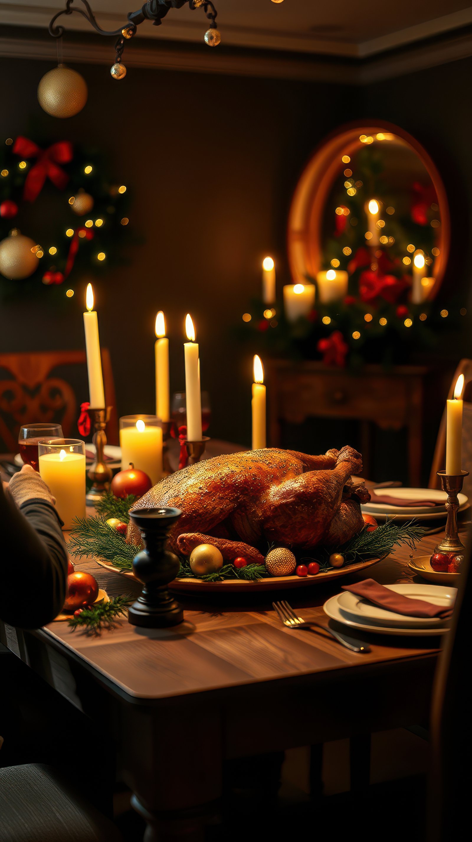 A roasted turkey sits on a table with candles and Christmas decorations, waiting for guests to enjoy a festive dinner